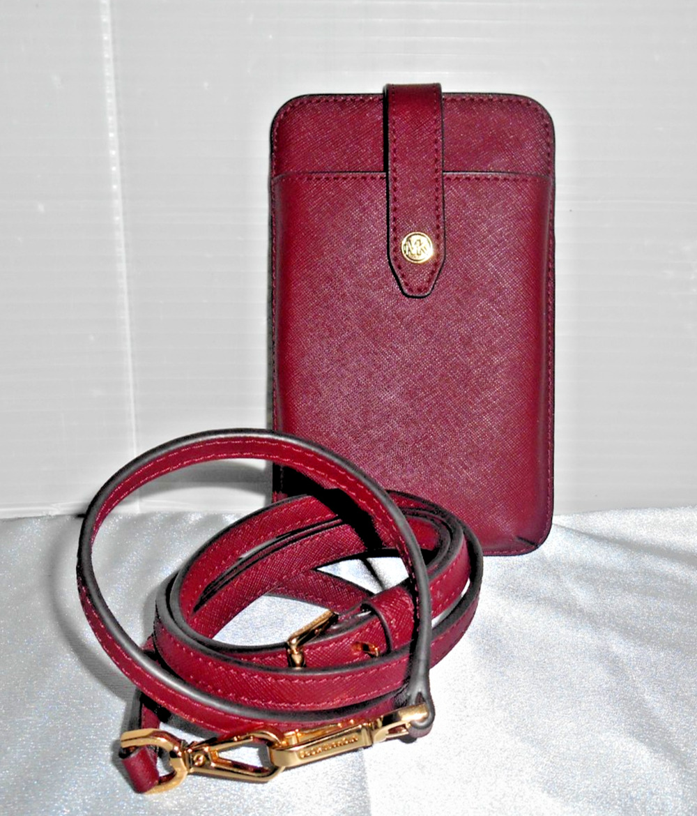 Michael Kors Crossbody Phone Wallet Saffiano Leather Burgundy Gold Hardware